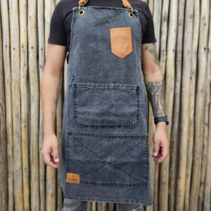 Delantal bolsillo de cuero jean negro láser